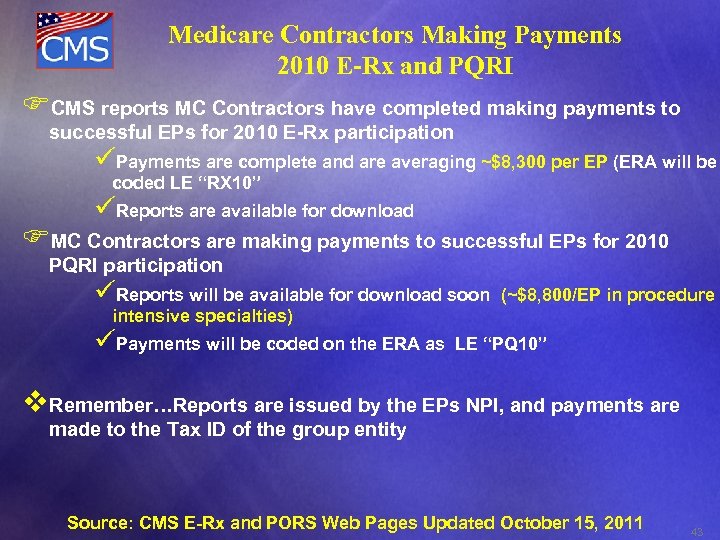 Medicare Contractors Making Payments 2010 E-Rx and PQRI FCMS reports MC Contractors have completed