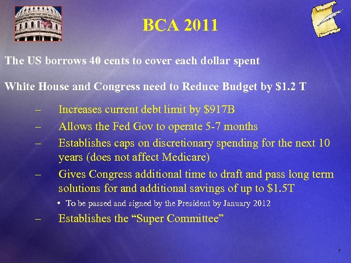 BCA 2011 The US borrows 40 cents to cover each dollar spent White House