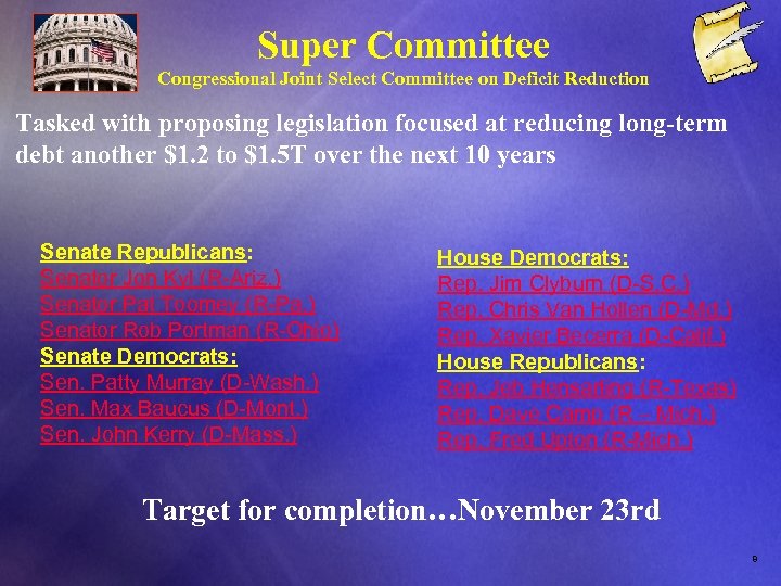 Super Committee Congressional Joint Select Committee on Deficit Reduction Tasked with proposing legislation focused