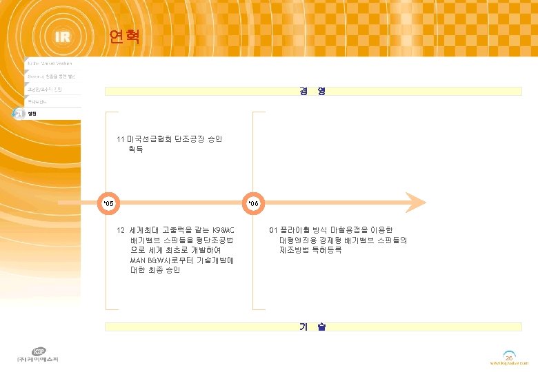 연혁 경 영 11 미국선급협회 단조공장 승인 획득 ‘ 05 ‘ 06 12 세계최대