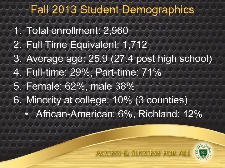 Fall 2013 Student Demographics 1. 2. 3. 4. 5. 6. Total enrollment: 2, 960