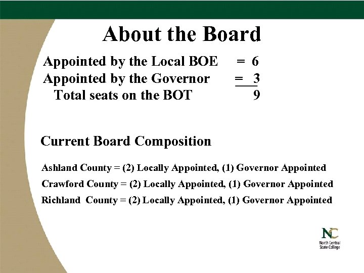 About the Board Appointed by the Local BOE Appointed by the Governor Total seats