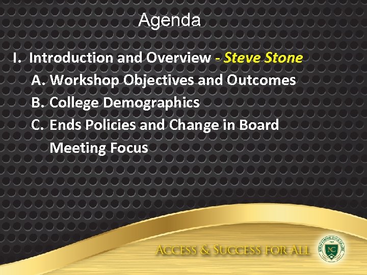 Agenda I. Introduction and Overview - Steve Stone A. Workshop Objectives and Outcomes B.