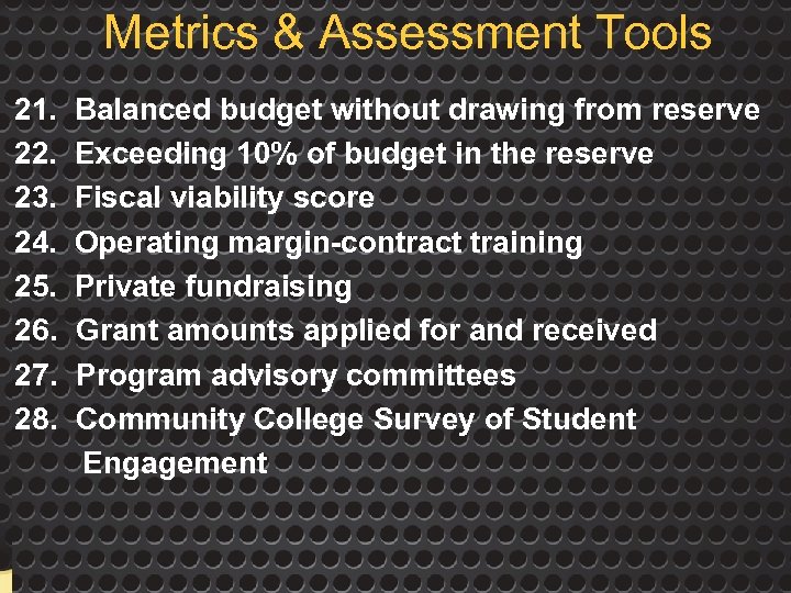 Metrics & Assessment Tools 21. 22. 23. 24. 25. 26. 27. 28. Balanced budget