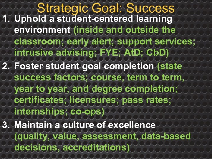 Strategic Goal: Success 1. Uphold a student-centered learning environment (inside and outside the classroom;