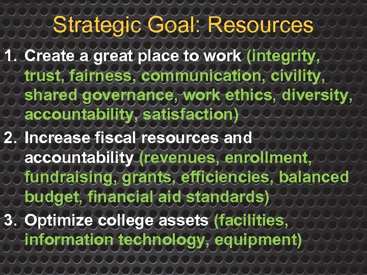 Strategic Goal: Resources 1. Create a great place to work (integrity, trust, fairness, communication,
