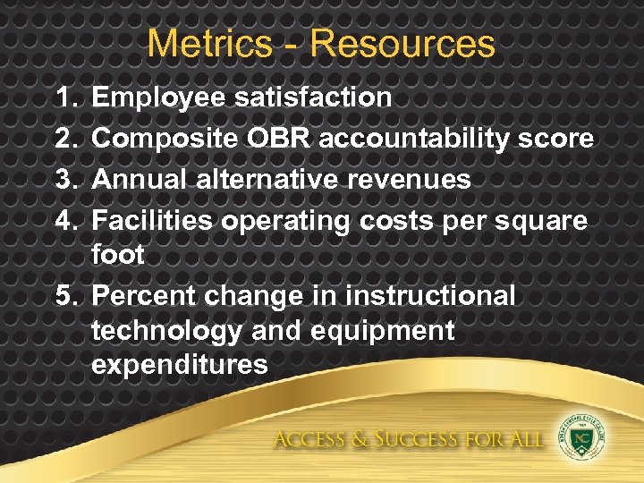 Metrics - Resources 1. 2. 3. 4. Employee satisfaction Composite OBR accountability score Annual