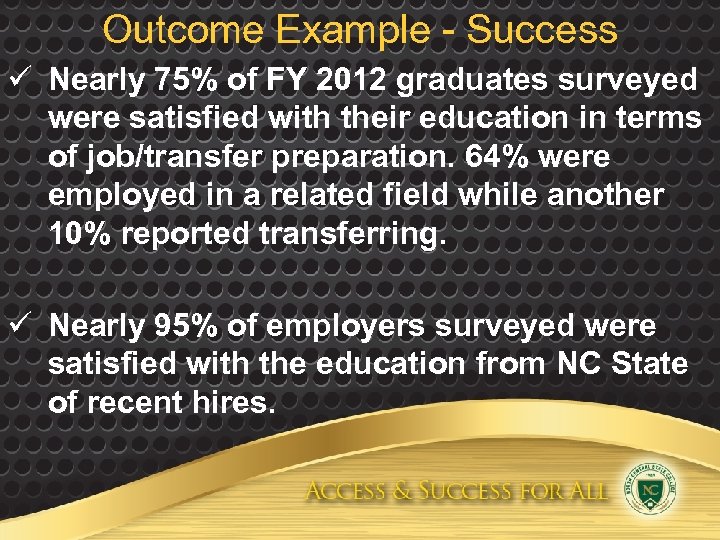 Outcome Example - Success ü Nearly 75% of FY 2012 graduates surveyed were satisfied