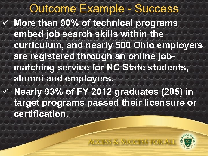 Outcome Example - Success ü More than 90% of technical programs embed job search