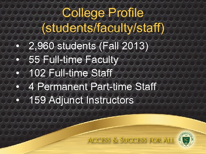 College Profile (students/faculty/staff) • • • 2, 960 students (Fall 2013) 55 Full-time Faculty