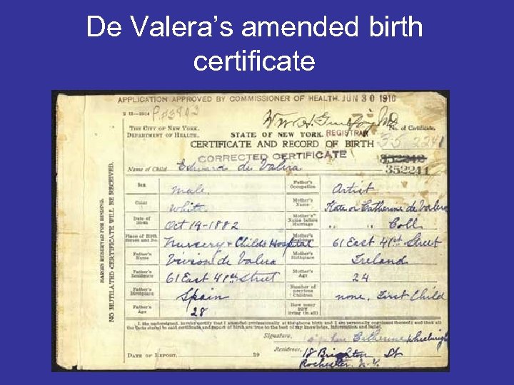 De Valera’s amended birth certificate 