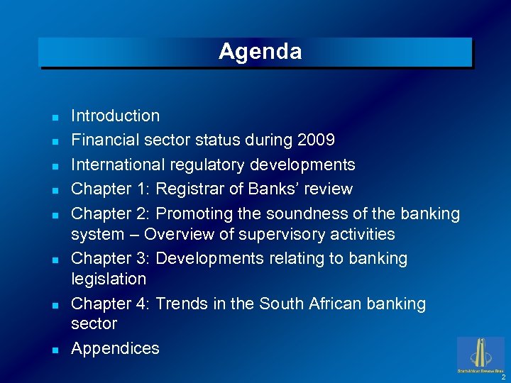 Agenda n n n n Introduction Financial sector status during 2009 International regulatory developments