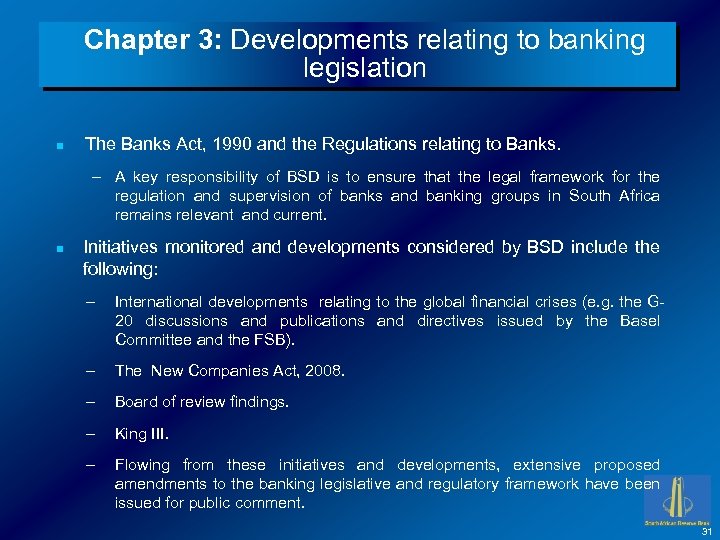 Chapter 3: Developments relating to banking legislation n The Banks Act, 1990 and the