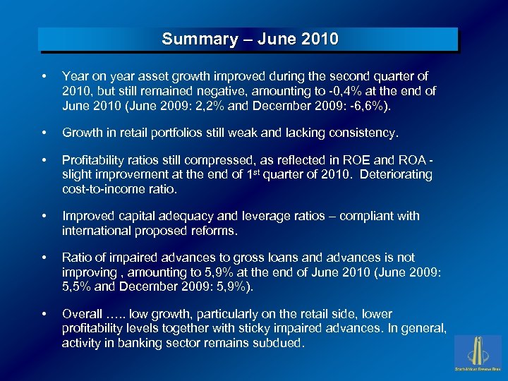 Summary – June 2010 • Year on year asset growth improved during the second