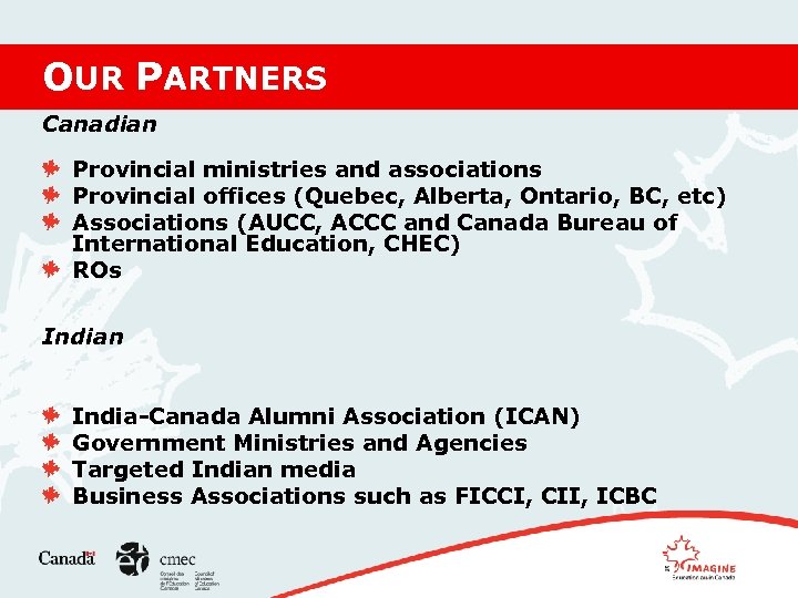 OUR PARTNERS Canadian Provincial ministries and associations Provincial offices (Quebec, Alberta, Ontario, BC, etc)