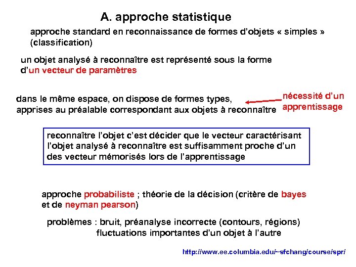 A. approche statistique approche standard en reconnaissance de formes d’objets « simples » (classification)