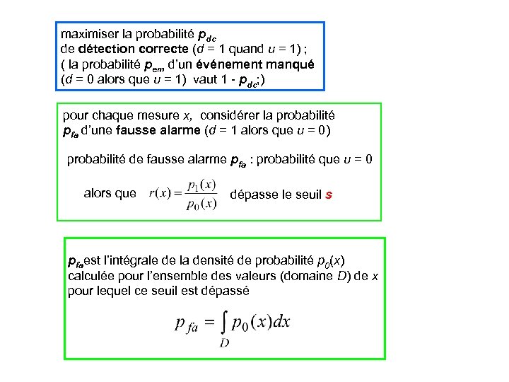 maximiser la probabilité pdc de détection correcte (d = 1 quand u = 1)