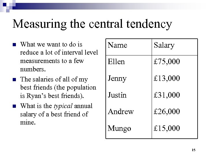 Measuring the central tendency n n n What we want to do is reduce