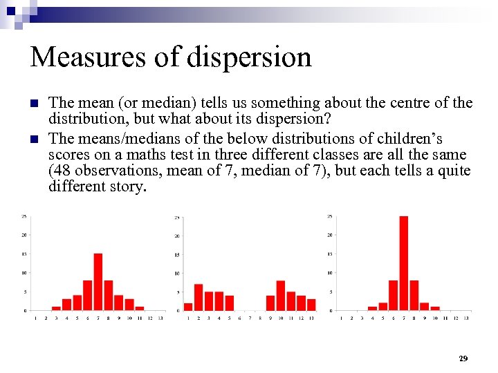 Measures of dispersion n n The mean (or median) tells us something about the