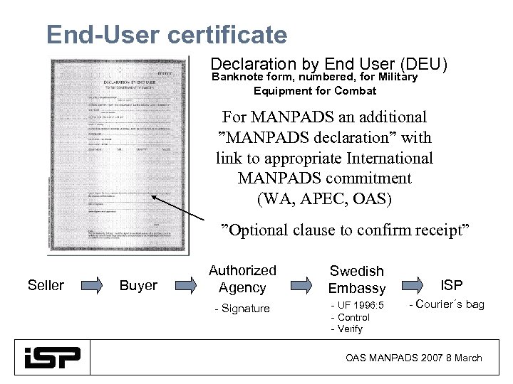 End-User certificate Declaration by End User (DEU) Banknote form, numbered, for Military Equipment for