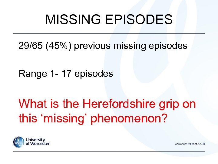 MISSING EPISODES 29/65 (45%) previous missing episodes Range 1 - 17 episodes What is