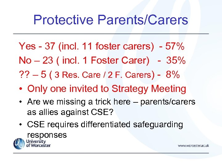 Protective Parents/Carers Yes - 37 (incl. 11 foster carers) - 57% No – 23