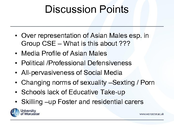 Discussion Points • Over representation of Asian Males esp. in Group CSE – What