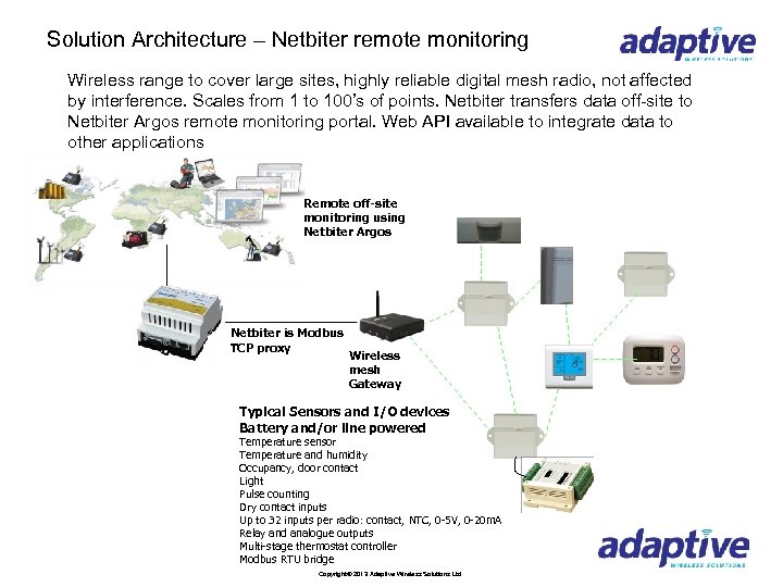 Solution Architecture – Netbiter remote monitoring Wireless range to cover large sites, highly reliable