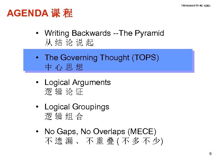 TRPA 000615 TP-RC-1(GB) AGENDA 课 程 • Writing Backwards --The Pyramid 从结论说起 • The