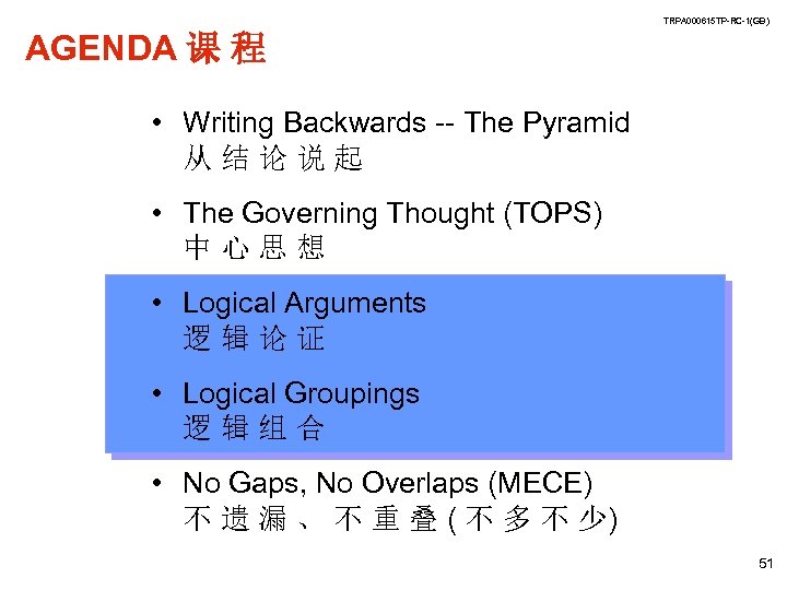 TRPA 000615 TP-RC-1(GB) AGENDA 课 程 • Writing Backwards -- The Pyramid 从结论说起 •
