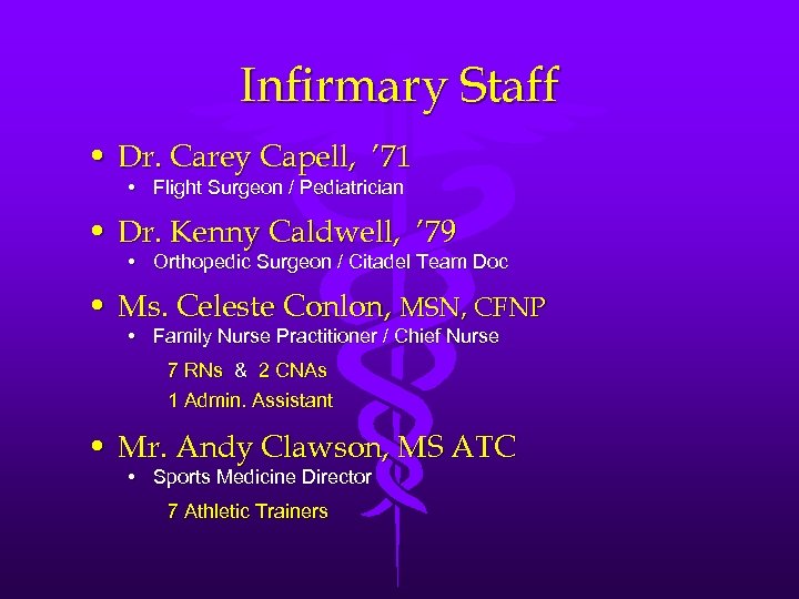 Infirmary Staff • Dr. Carey Capell, ’ 71 • Flight Surgeon / Pediatrician •