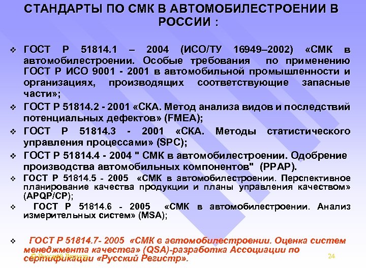 СТАНДАРТЫ ПО СМК В АВТОМОБИЛЕСТРОЕНИИ В РОССИИ : v v v v ГОСТ Р