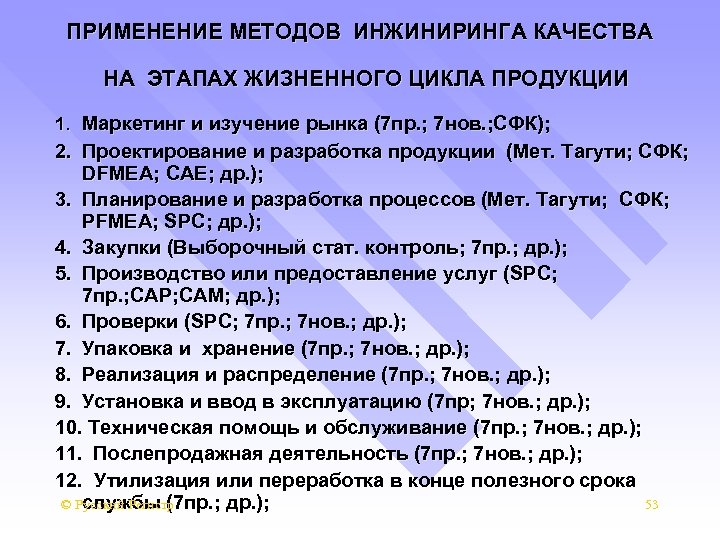 ПРИМЕНЕНИЕ МЕТОДОВ ИНЖИНИРИНГА КАЧЕСТВА НА ЭТАПАХ ЖИЗНЕННОГО ЦИКЛА ПРОДУКЦИИ 1. Маркетинг и изучение рынка