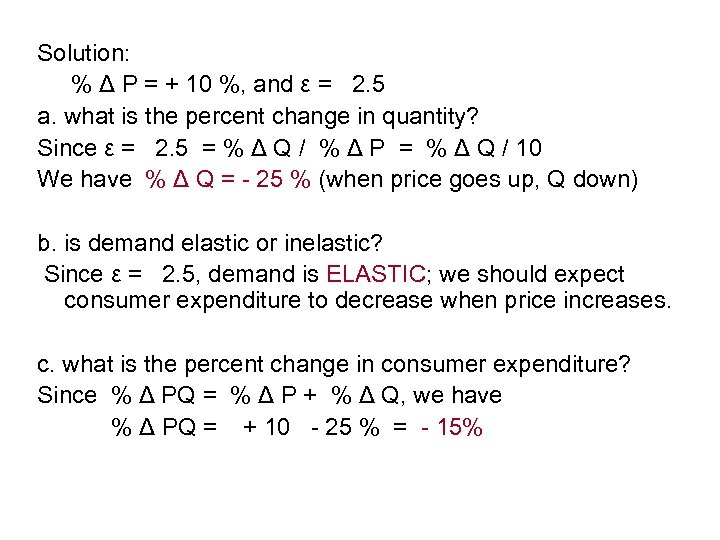 Solution: % Δ P = + 10 %, and ε = 2. 5 a.