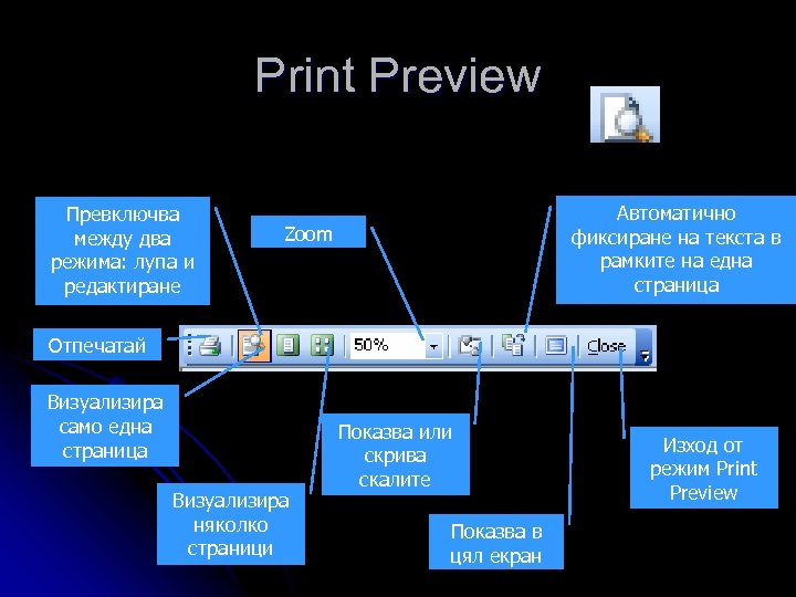 Print Preview Превключва между два режима: лупа и редактиране Автоматично фиксиране на текста в