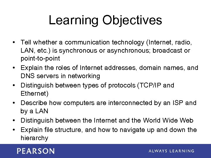 Learning Objectives • Tell whether a communication technology (Internet, radio, LAN, etc. ) is