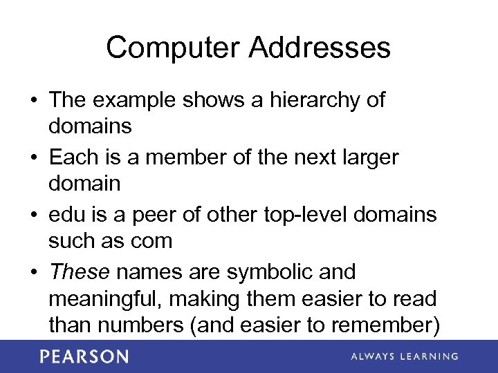 Computer Addresses • The example shows a hierarchy of domains • Each is a