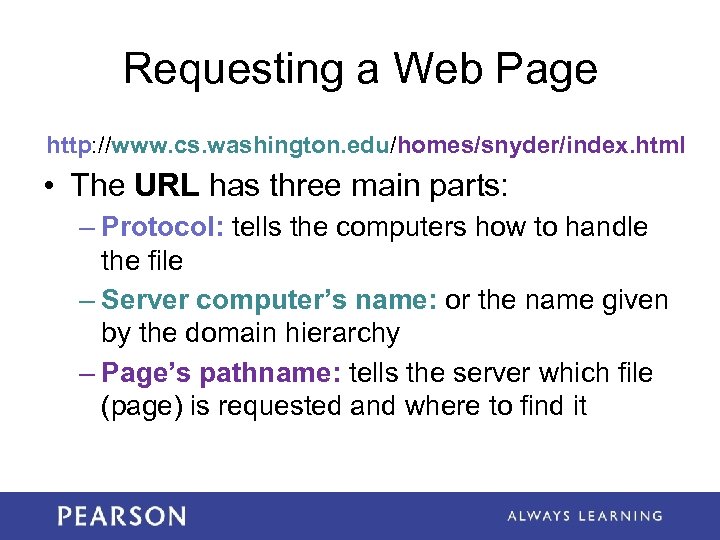 Requesting a Web Page http: //www. cs. washington. edu/homes/snyder/index. html • The URL has