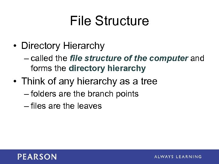 File Structure • Directory Hierarchy – called the file structure of the computer and