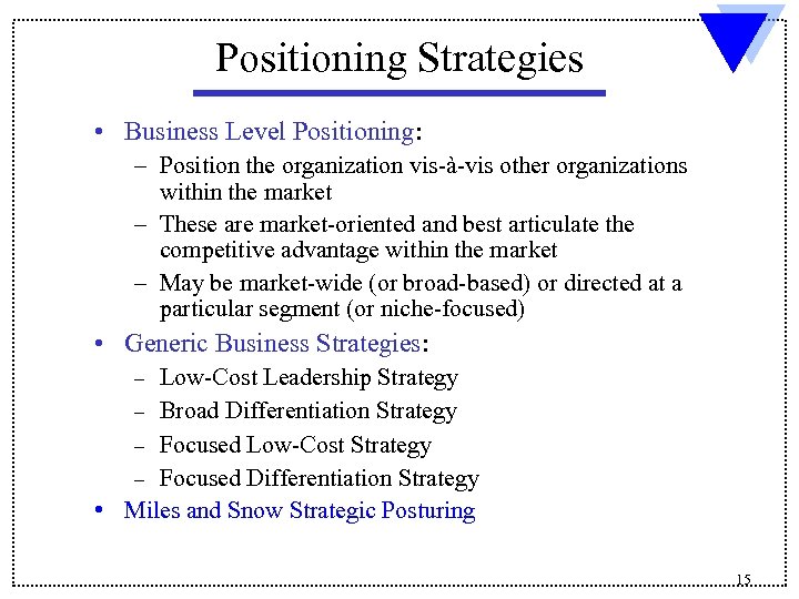 Positioning Strategies • Business Level Positioning: – Position the organization vis-à-vis other organizations within