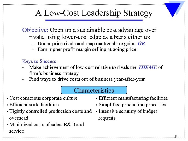 A Low-Cost Leadership Strategy Objective: Open up a sustainable cost advantage over rivals, using