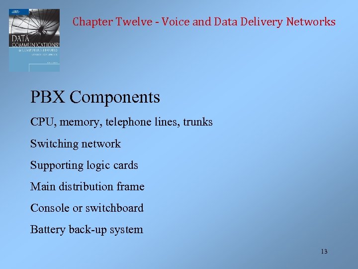 Chapter Twelve - Voice and Data Delivery Networks PBX Components CPU, memory, telephone lines,