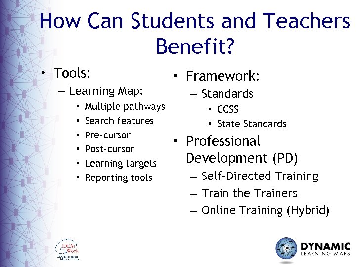 How Can Students and Teachers Benefit? • Tools: – Learning Map: • • •