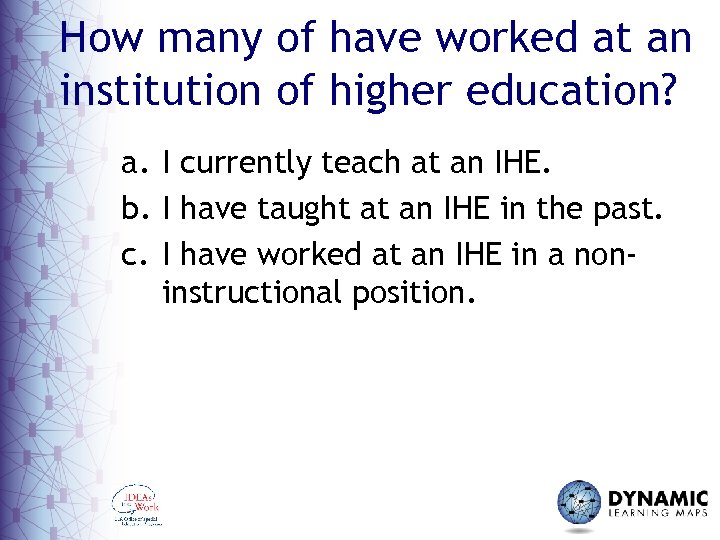 How many of have worked at an institution of higher education? a. I currently