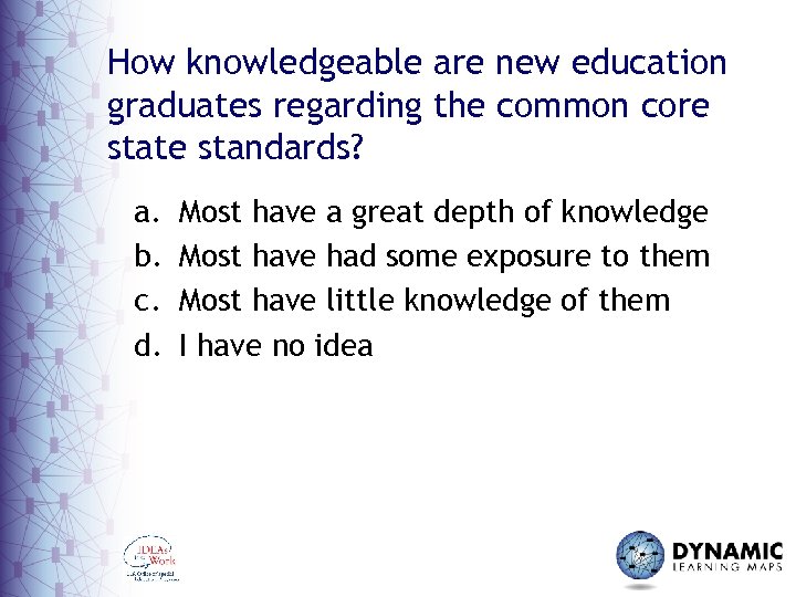 How knowledgeable are new education graduates regarding the common core state standards? a. b.