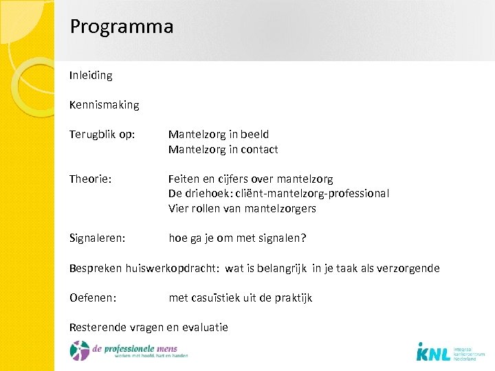 Programma Inleiding Kennismaking Terugblik op: Mantelzorg in beeld Mantelzorg in contact Theorie: Feiten en