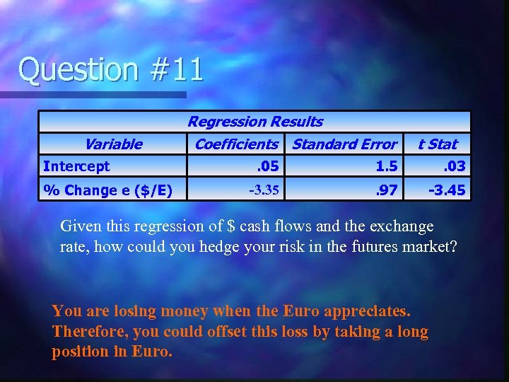 Question #11 Variable Intercept % Change e ($/E) Regression Results Coefficients Standard Error t