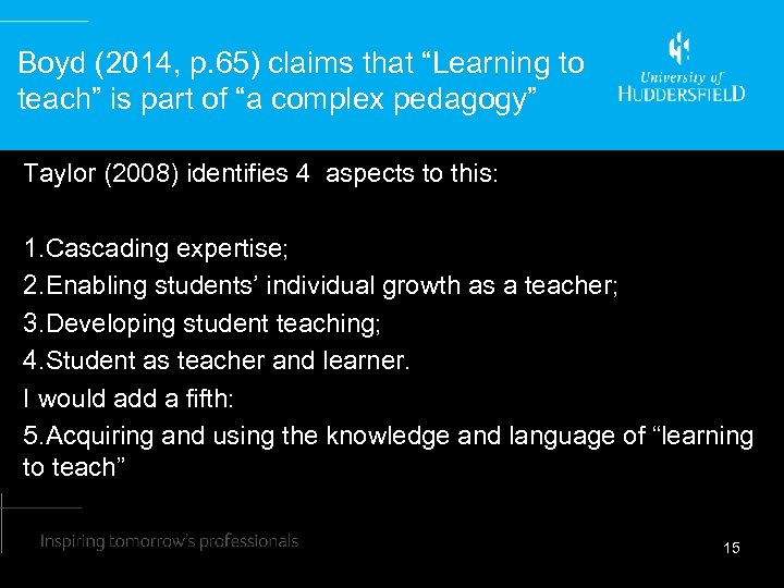 Boyd (2014, p. 65) claims that “Learning to teach” is part of “a complex