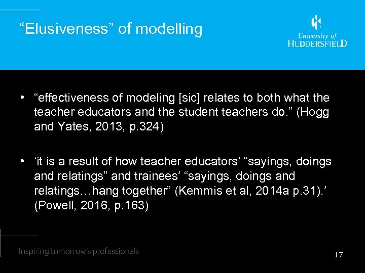 “Elusiveness” of modelling • “effectiveness of modeling [sic] relates to both what the teacher