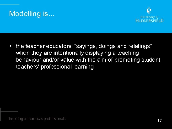 Modelling is. . . • the teacher educators’ “sayings, doings and relatings” when they